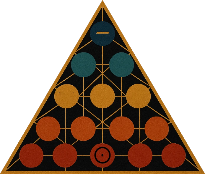 The Intermundia Labs mark: fifteen circles in a triangle, navy at the top through teal, ochre and ember to red at the base.